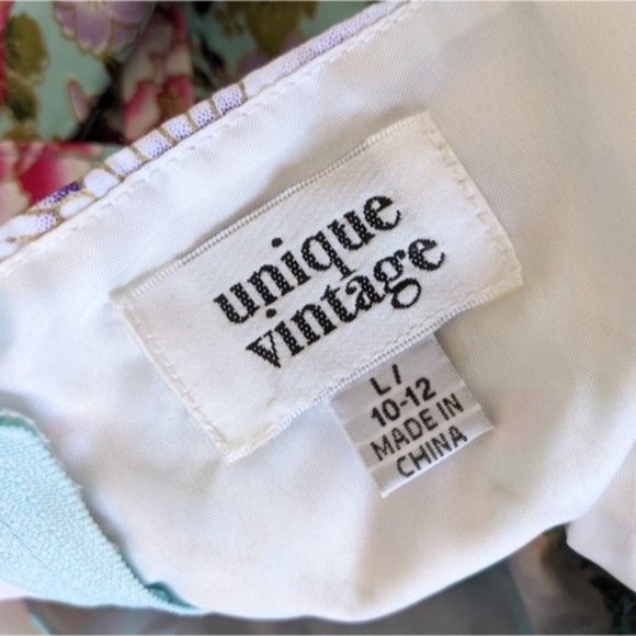 Unique Vintage Tarrytown Halter Swing Dress L Mint Blue Crane Print Metallic - Picture 6 of 8